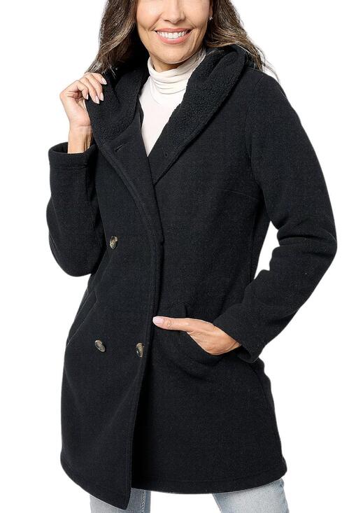 Denim & Co. Jackets & Blazers - Denim & Co. Fleece & Sherpa Hooded Double Breasted Coat Black - Regular